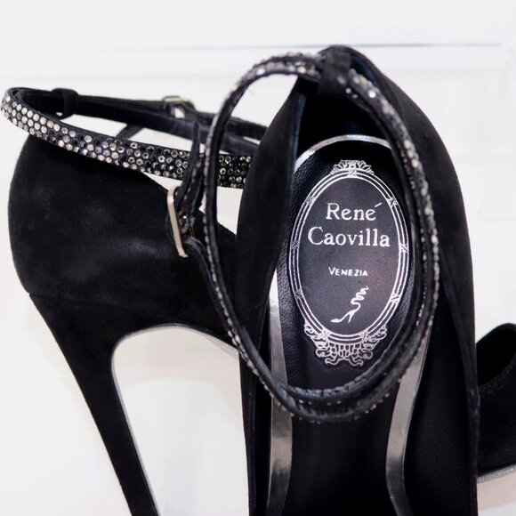 René Caovilla NEW 38 Black Suede Fabulosity Swarovski Crystal Ankle Wrap Heels - Picture 16 of 16